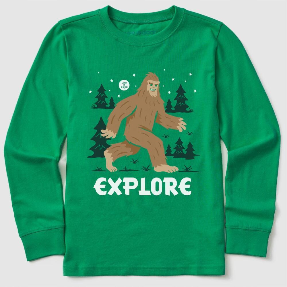 NEW LIFE IS GOOD kids bigfoot explore long sleeve crusher tee in kelly green